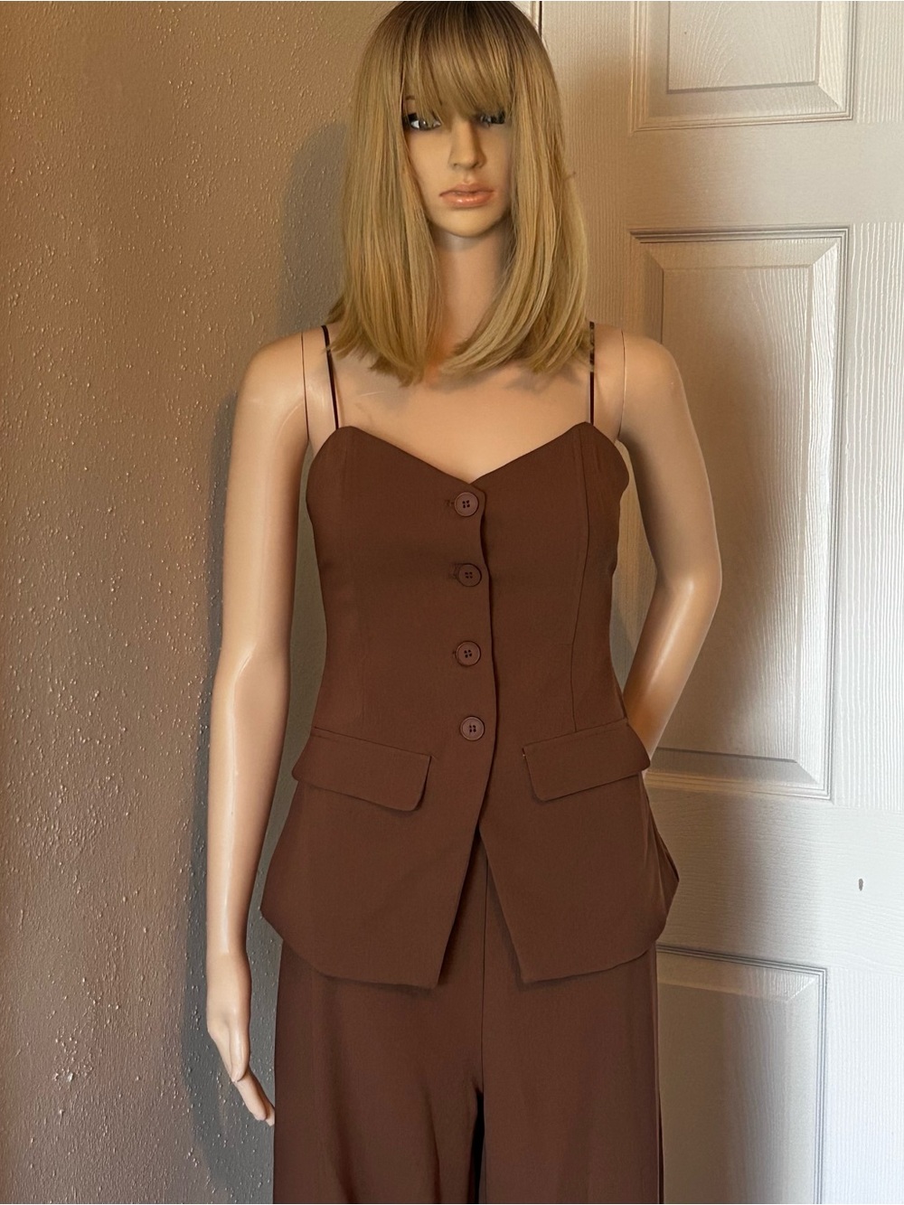 DO+BE Brown Tailored Spaghetti-Strap - Strapless Button Down Top